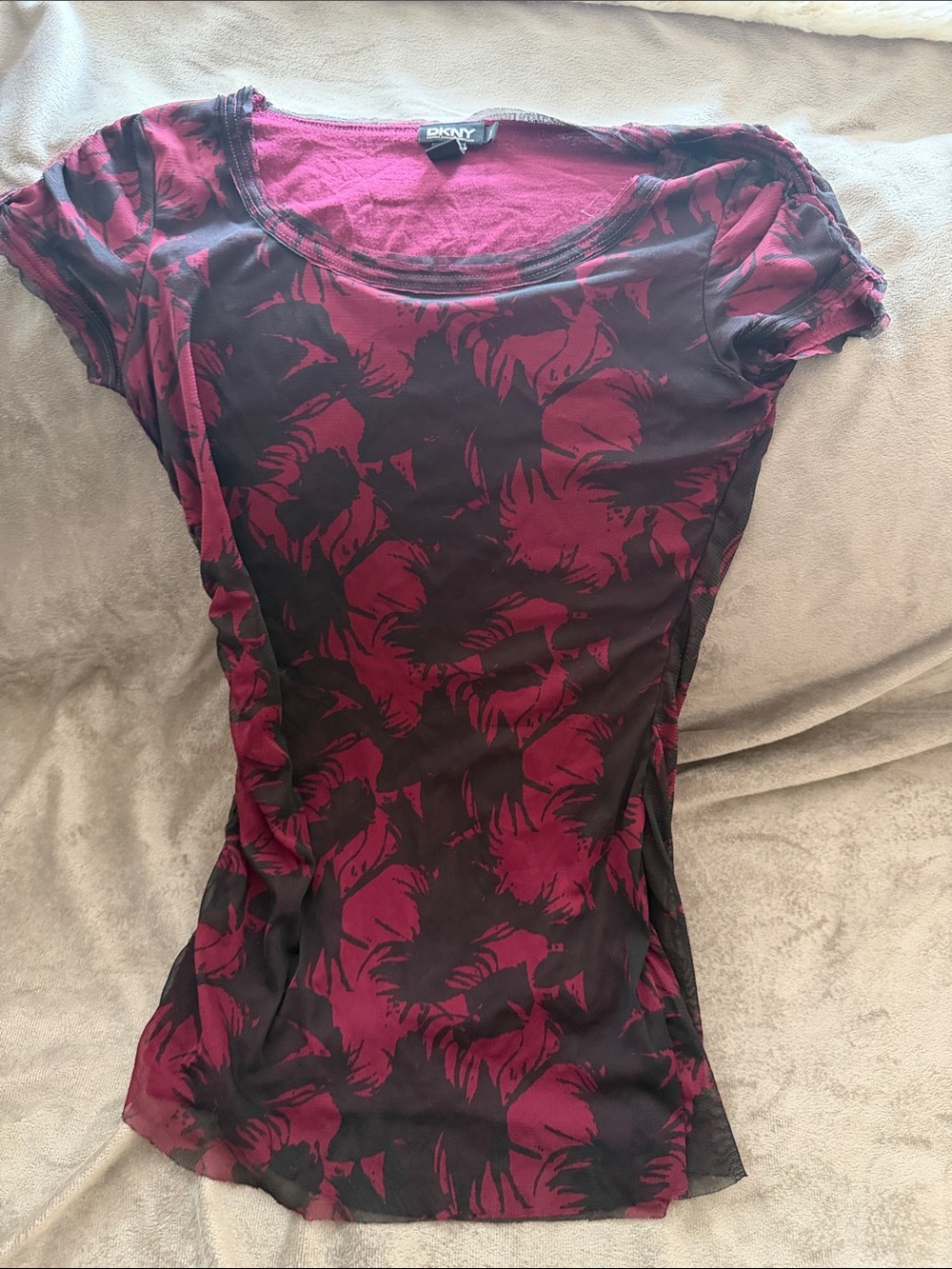 DKNY Black and Burgundy Floral Scoop Neck Short Sleeve Tee